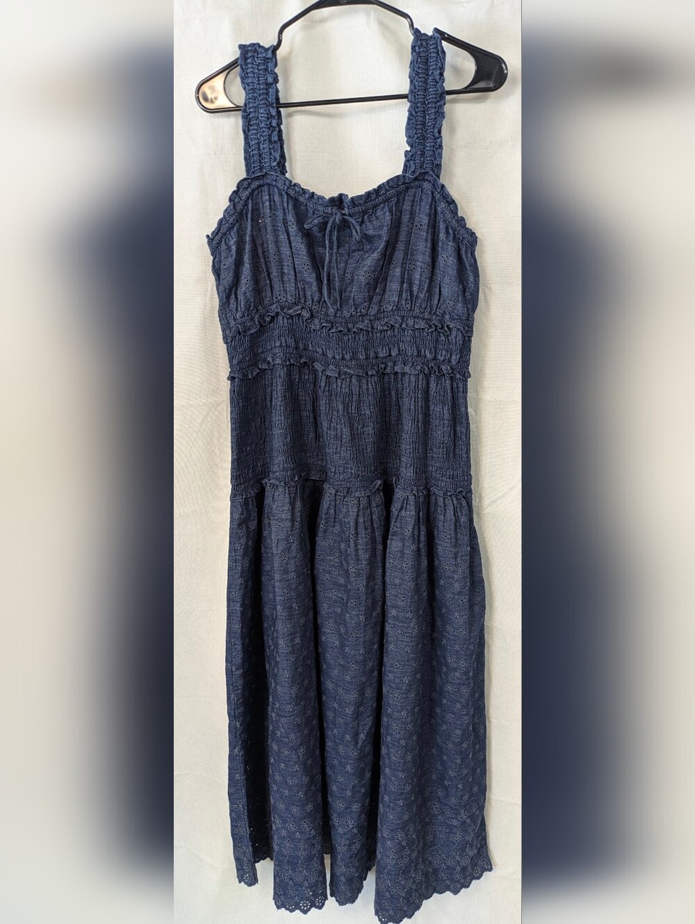 Navy Midi Sundress with Smocked Bodice And Eyelet Detail